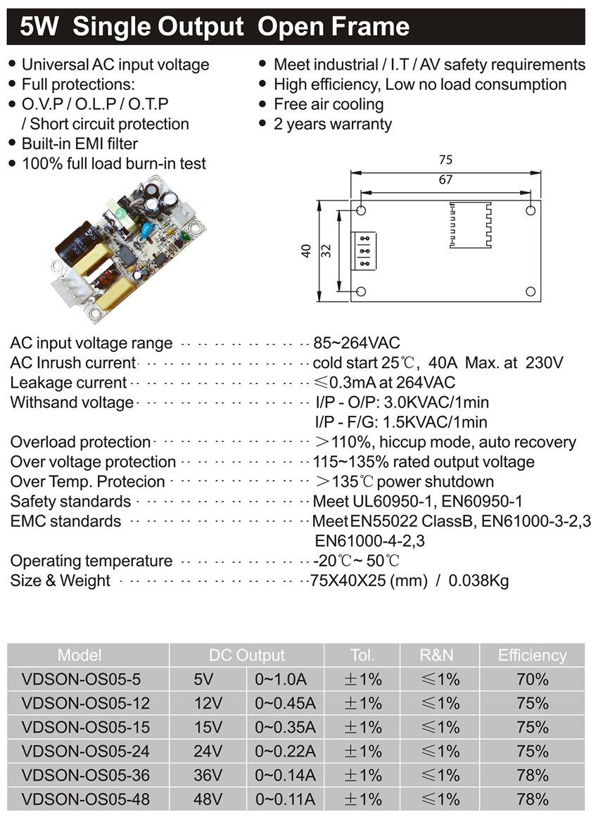 5W Single Output Open Frame
