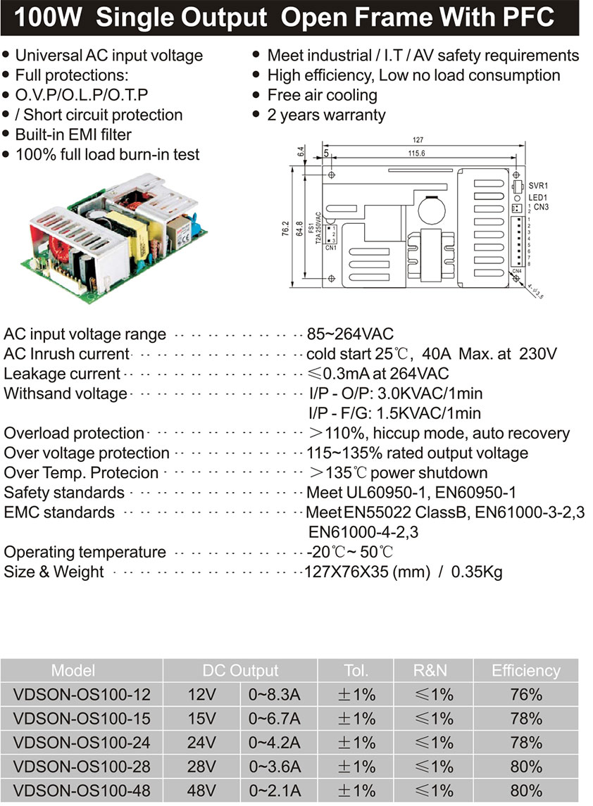 100W-Single-Output-Open-Frame-With-PFC